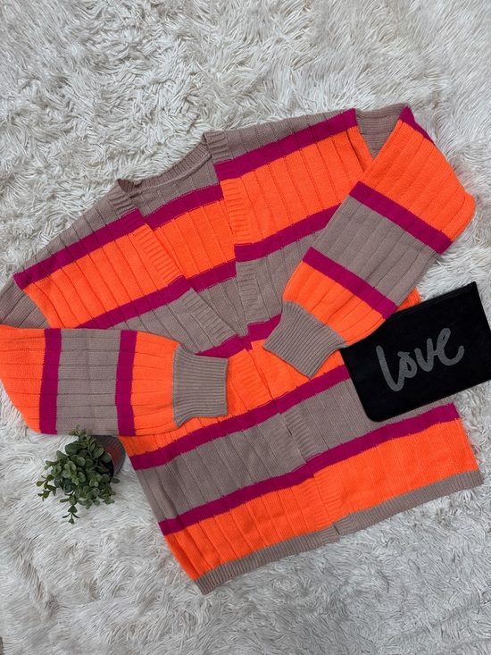 Boutique Sweaters - 🎉HP🎉 Boutique NWOT Striped Knit Open Cardigan 💗 Taupe Neon Orange & Magenta